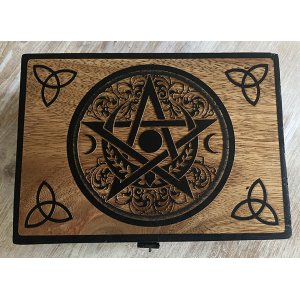 Houten opbergkistje Pentagram - Tripple moon - Triquetra | Zwart | 175x125x65 mm | Mooi&Magisch