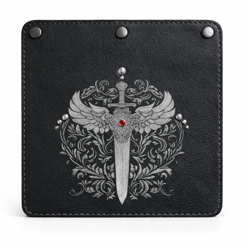 Black Leather Front Panel with Winged Sword and Red Stone – protection, courage and inner strength