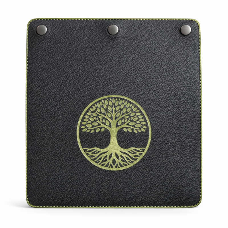 Black Leather Front Panel with Gold-Green Tree of Life and Matching Border – growth, connection and stability