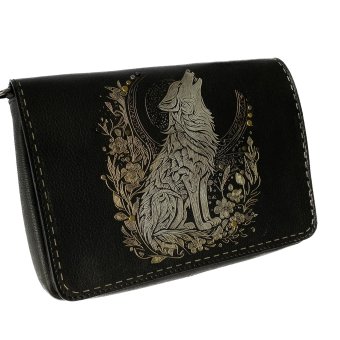 Crossbody leren tas zwart Wolf goud/zilver| BellaMagio | verwisselbaar front | Sjamaan heksentas